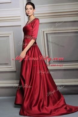 Designer Red A-line Satin Bateau Half Sleeves Beading and Belt Zipper Prom Dress Brush Train