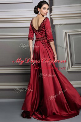 Designer Red A-line Satin Bateau Half Sleeves Beading and Belt Zipper Prom Dress Brush Train