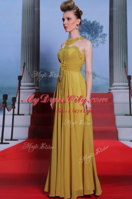 Super Scalloped Sleeveless Floor Length Appliques and Ruching Clasp Handle Prom Party Dress with Gold