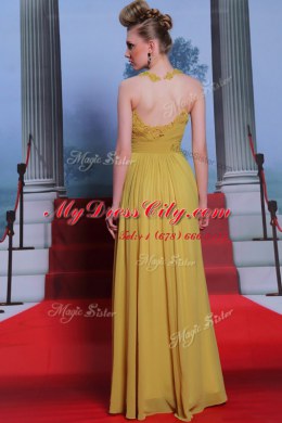 Super Scalloped Sleeveless Floor Length Appliques and Ruching Clasp Handle Prom Party Dress with Gold