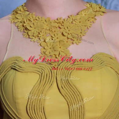 Super Scalloped Sleeveless Floor Length Appliques and Ruching Clasp Handle Prom Party Dress with Gold