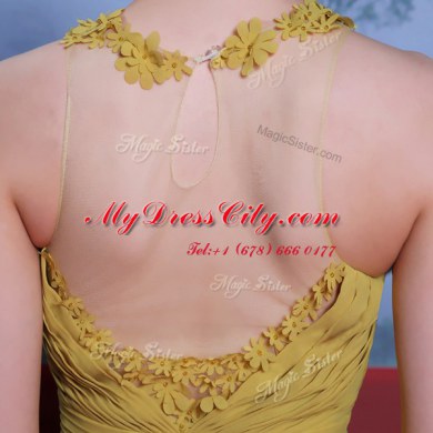 Super Scalloped Sleeveless Floor Length Appliques and Ruching Clasp Handle Prom Party Dress with Gold