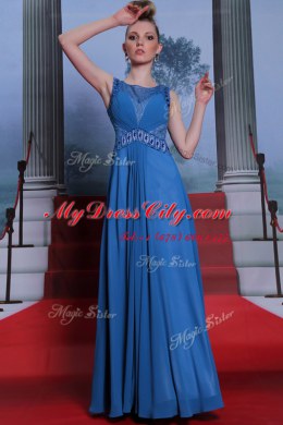 Designer Scoop Floor Length Side Zipper Blue for Prom and Party with Beading and Ruching
