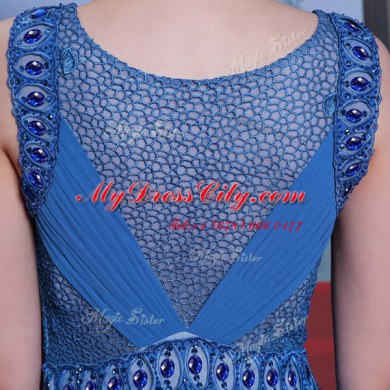 Designer Scoop Floor Length Side Zipper Blue for Prom and Party with Beading and Ruching