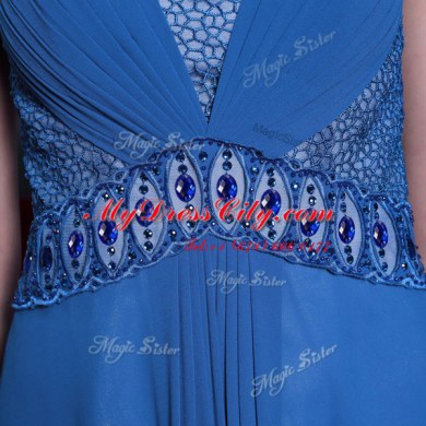 Designer Scoop Floor Length Side Zipper Blue for Prom and Party with Beading and Ruching
