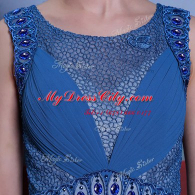Designer Scoop Floor Length Side Zipper Blue for Prom and Party with Beading and Ruching