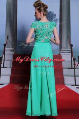 Delicate Floor Length Green Prom Dress Scoop Cap Sleeves Side Zipper