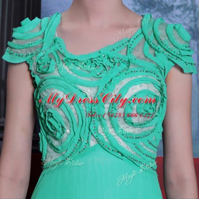 Delicate Floor Length Green Prom Dress Scoop Cap Sleeves Side Zipper