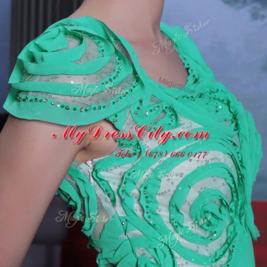 Delicate Floor Length Green Prom Dress Scoop Cap Sleeves Side Zipper