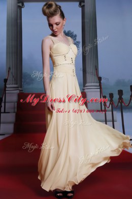 V-neck Sleeveless Chiffon Prom Dresses Beading and Ruching Side Zipper