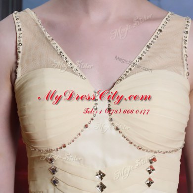 V-neck Sleeveless Chiffon Prom Dresses Beading and Ruching Side Zipper