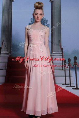 Baby Pink Sweetheart Side Zipper Beading Prom Gown Cap Sleeves
