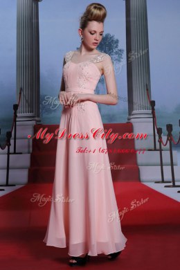 Baby Pink Sweetheart Side Zipper Beading Prom Gown Cap Sleeves