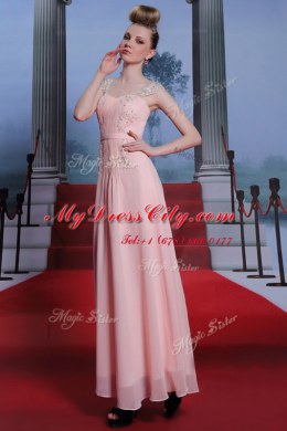 Baby Pink Sweetheart Side Zipper Beading Prom Gown Cap Sleeves