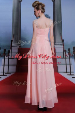 Baby Pink Sweetheart Side Zipper Beading Prom Gown Cap Sleeves