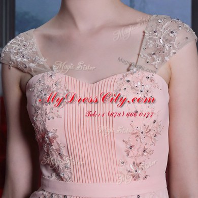 Baby Pink Sweetheart Side Zipper Beading Prom Gown Cap Sleeves