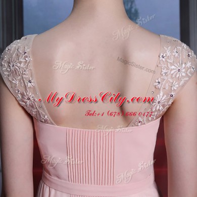 Baby Pink Sweetheart Side Zipper Beading Prom Gown Cap Sleeves