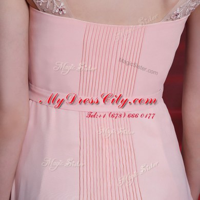 Baby Pink Sweetheart Side Zipper Beading Prom Gown Cap Sleeves