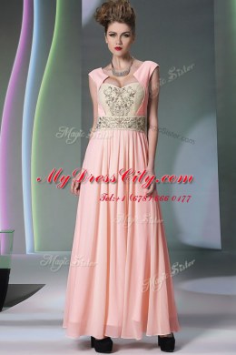 Dynamic Pink Prom Gown Prom and Party and For with Embroidery and Ruching Sweetheart Cap Sleeves Side Zipper