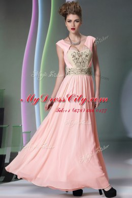 Dynamic Pink Prom Gown Prom and Party and For with Embroidery and Ruching Sweetheart Cap Sleeves Side Zipper