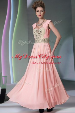Dynamic Pink Prom Gown Prom and Party and For with Embroidery and Ruching Sweetheart Cap Sleeves Side Zipper