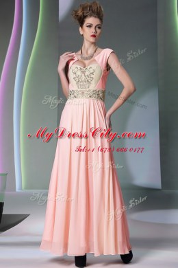 Dynamic Pink Prom Gown Prom and Party and For with Embroidery and Ruching Sweetheart Cap Sleeves Side Zipper