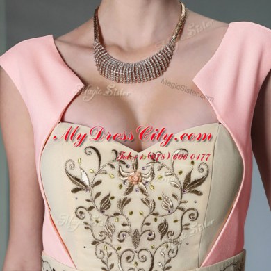 Dynamic Pink Prom Gown Prom and Party and For with Embroidery and Ruching Sweetheart Cap Sleeves Side Zipper