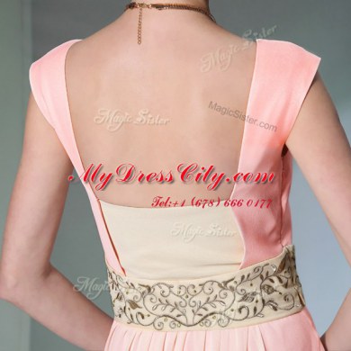 Dynamic Pink Prom Gown Prom and Party and For with Embroidery and Ruching Sweetheart Cap Sleeves Side Zipper