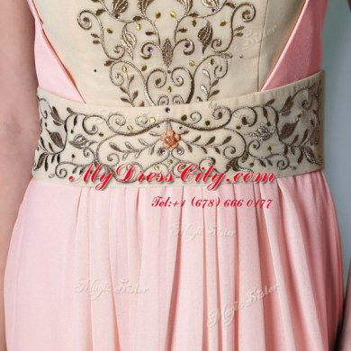 Dynamic Pink Prom Gown Prom and Party and For with Embroidery and Ruching Sweetheart Cap Sleeves Side Zipper