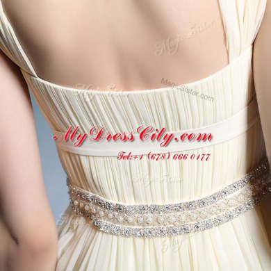 Light Yellow Column/Sheath Chiffon Strapless Sleeveless Beading and Ruching Floor Length Side Zipper Prom Evening Gown