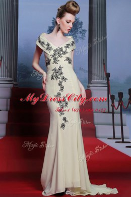 Custom Made Mermaid Light Yellow Cap Sleeves Brush Train Embroidery With Train