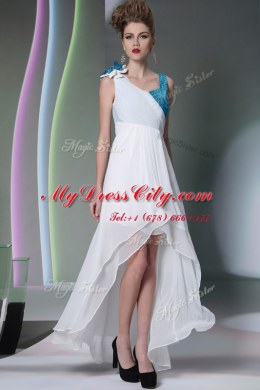 Graceful Chiffon Asymmetric Sleeveless Side Zipper Ruffled Layers and Sequins and Hand Made Flower Homecoming Dress in White