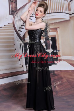 Superior One Shoulder Appliques Prom Dresses Black Side Zipper Sleeveless Floor Length