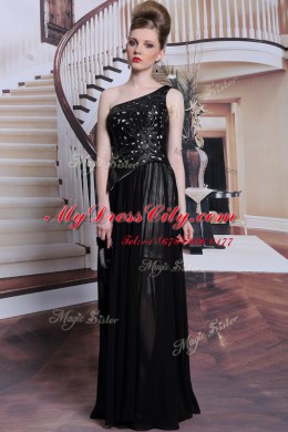 Superior One Shoulder Appliques Prom Dresses Black Side Zipper Sleeveless Floor Length