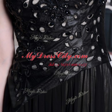 Superior One Shoulder Appliques Prom Dresses Black Side Zipper Sleeveless Floor Length