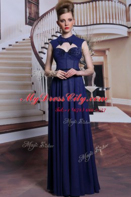 Custom Designed Navy Blue Column/Sheath High-neck Sleeveless Chiffon Floor Length Zipper Beading Homecoming Dress