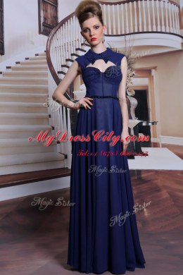 Custom Designed Navy Blue Column/Sheath High-neck Sleeveless Chiffon Floor Length Zipper Beading Homecoming Dress