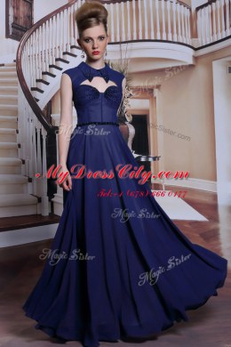 Custom Designed Navy Blue Column/Sheath High-neck Sleeveless Chiffon Floor Length Zipper Beading Homecoming Dress