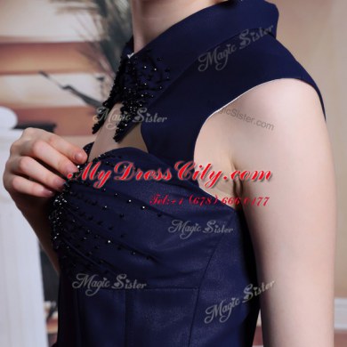Custom Designed Navy Blue Column/Sheath High-neck Sleeveless Chiffon Floor Length Zipper Beading Homecoming Dress