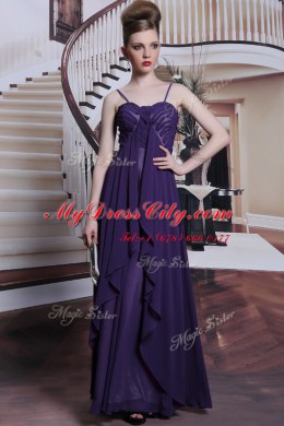 Empire Prom Dresses Purple Spaghetti Straps Chiffon Sleeveless Floor Length Side Zipper
