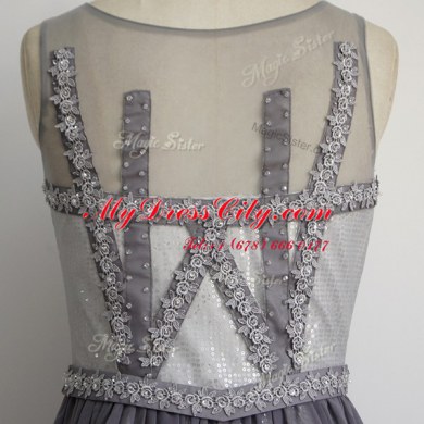 Scoop Sleeveless Dress for Prom Floor Length Beading Grey Chiffon