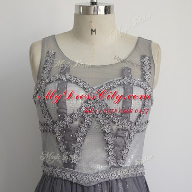 Scoop Sleeveless Dress for Prom Floor Length Beading Grey Chiffon