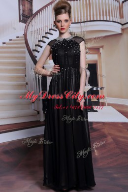 Scoop Black Chiffon Zipper Homecoming Dress Sleeveless Floor Length Beading and Appliques