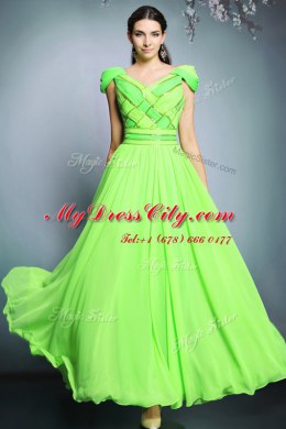 Short Sleeves Chiffon Floor Length Backless Dress for Prom in with Pattern