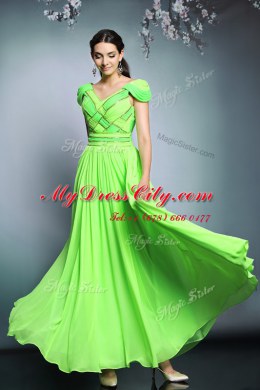 Short Sleeves Chiffon Floor Length Backless Dress for Prom in with Pattern