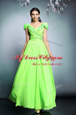 Short Sleeves Chiffon Floor Length Backless Dress for Prom in with Pattern