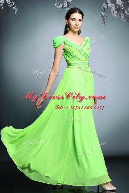 Short Sleeves Chiffon Floor Length Backless Dress for Prom in with Pattern