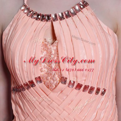 Chic Peach Chiffon Zipper Halter Top Sleeveless Floor Length Prom Evening Gown Beading and Sashes ribbons
