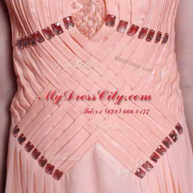 Chic Peach Chiffon Zipper Halter Top Sleeveless Floor Length Prom Evening Gown Beading and Sashes ribbons