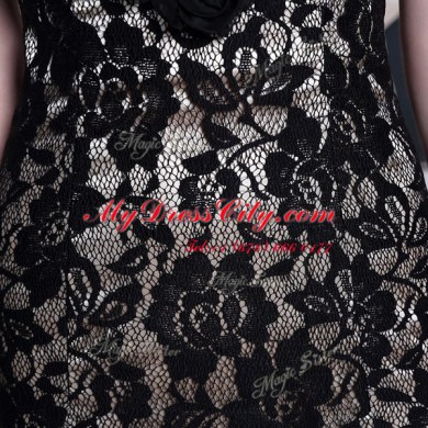 Black Scoop Neckline Beading and Lace and Hand Made Flower Homecoming Dress Cap Sleeves Zipper